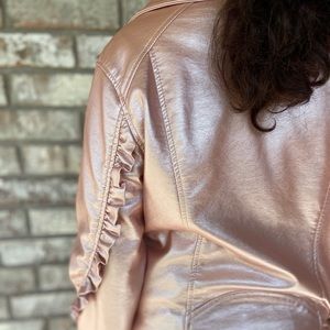 Blush metallic pink faux leather jacket.